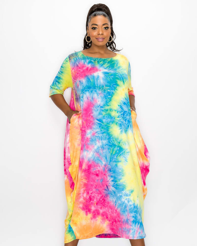 Front of a model wearing a size 3X Piper Tie Dye Harem Midi Dress in Turquoise/Hot Pink/Bright Yellow Tie Dye by L I V D. | dia_product_style_image_id:240992
